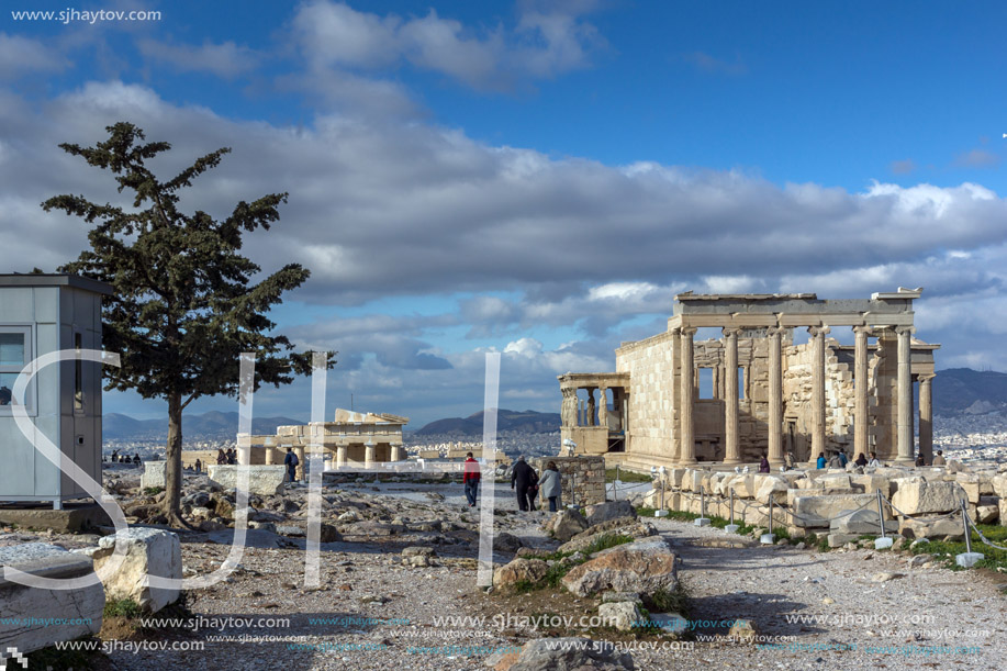 ATHENS, GREECE - JANUARY 20 2017:  Ancient Greek temple The Erechtheion on the north side of the Acropolis of Athens, Attica, Greece